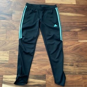 Adidas track pants. Clima-cool. Teal/blue stripe. Zip pockets and ankles